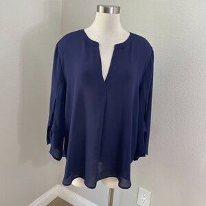 Ann Taylor Womens Plus XXL Navy Blue V Neck Blouse Tie Sleeve Detail Shirt Top